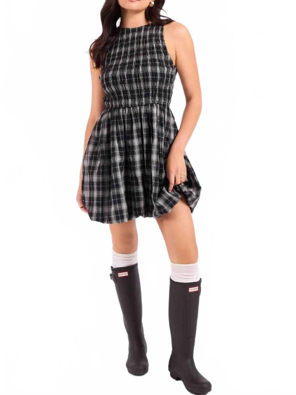 NEW SADIE & SAGE bubble plaid dress in black/white